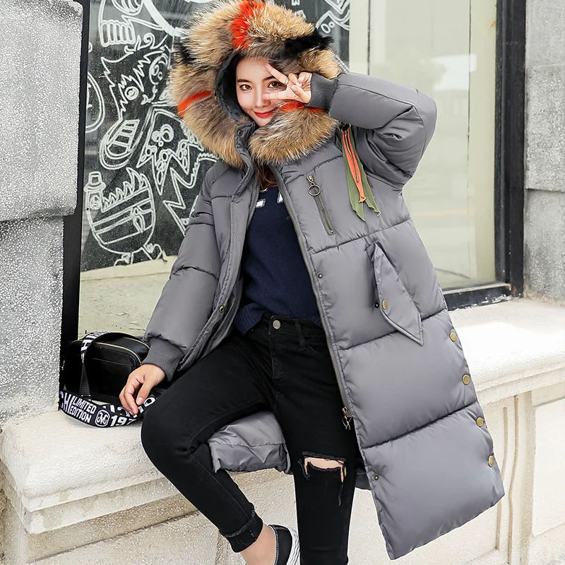 Новая мода 2018 осень зима женский меховой воротник Длинная толстовка пуховик плюс