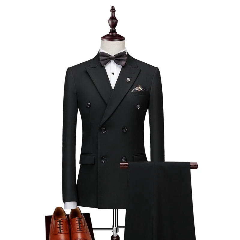 2019 Double-Breasted Side Vent Black Groom Tuxedos Peak Lapel Groomsmen Mens Wedding Tuxedos Prom Suits ( jacket+Pants+Bow)