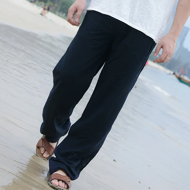 

2019 Men's Spring summer Casual Pants New High Quality Natural Cotton Linen Trousers Khaki Black Waist Rope Straight Pants male