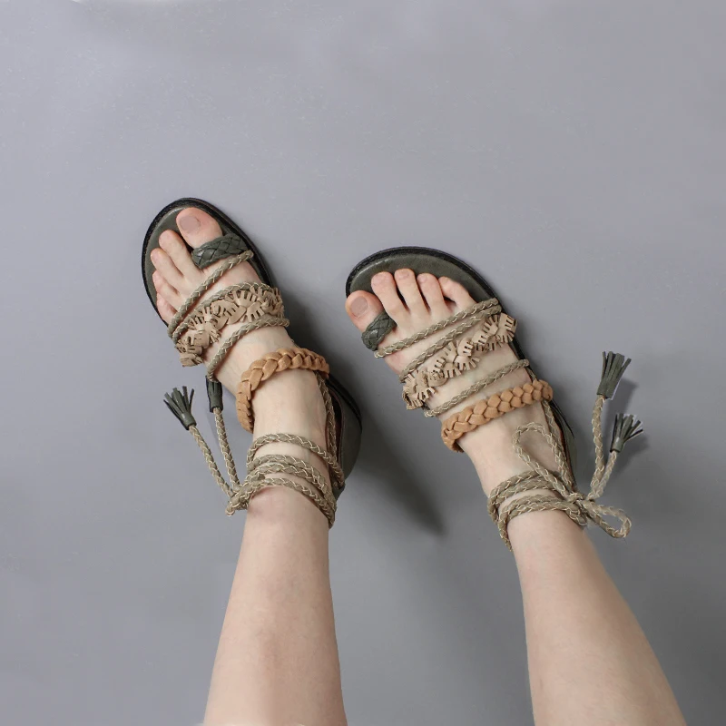 

CuddlyIIPanda New Roman Sandals with Toenails&Ties Cross-tied Women Gladiator Sandals Summer Cool Tassels Woven Sandals
