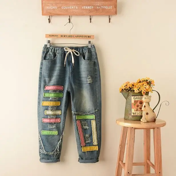 Женские джинсы в полоску с эластичной резинкой на талии и завязками|fashion women