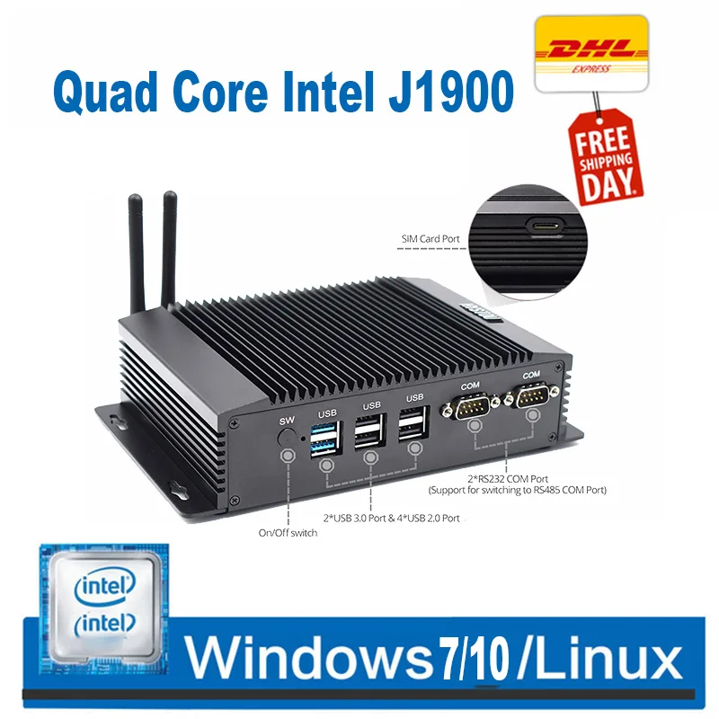 Двойной LAN Мини ПК Windows 7 безвентиляторный мини ПК Intel Celeron J1900 RS485 COM USB wifi промышленный ПК настольный компьютер