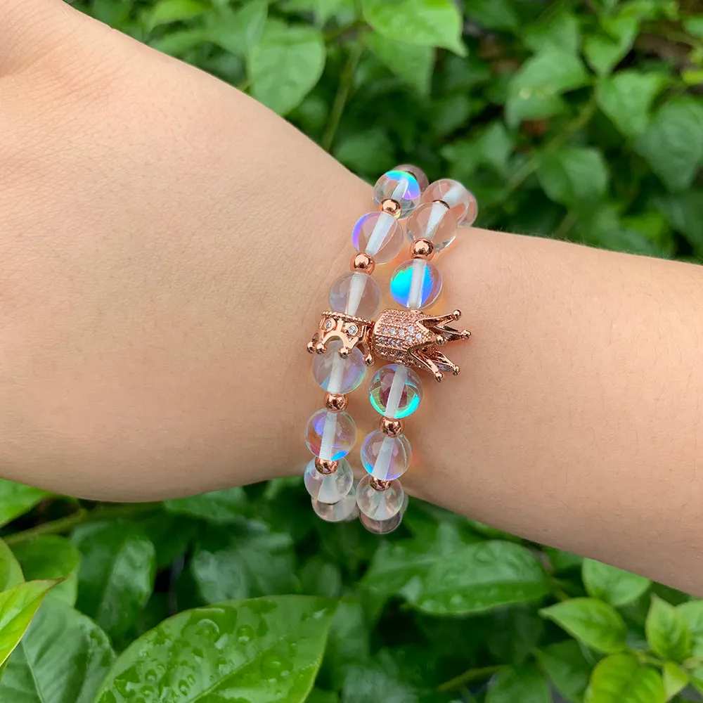 King Queen CZ crown women bracelets stone beads White Crystal Moonstone Bracelets &amp Bangle for jewelry accessories | Украшения и