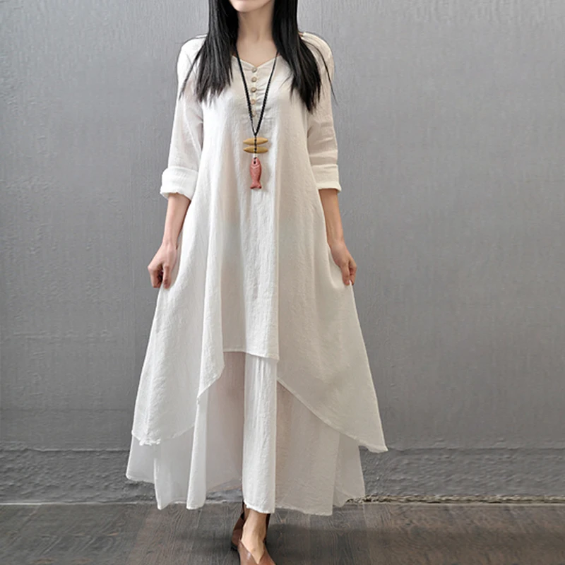 Хлопок белье платье Для женщин Повседневное 2019 свободное с длинными рукавами Boho