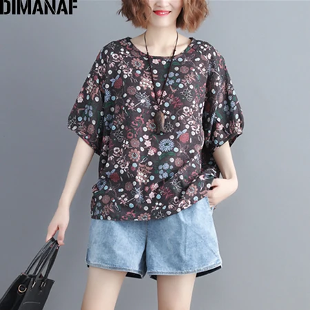 DMN98126CN-kafei DIMANAF, женские футболки размера плюс, Базовые Женские топы, футболки, женская одежда из хлопка и льна, с цветочным принтом, свободные винтажные рубашки, лето - Цвет: DMN98126CN-kafei