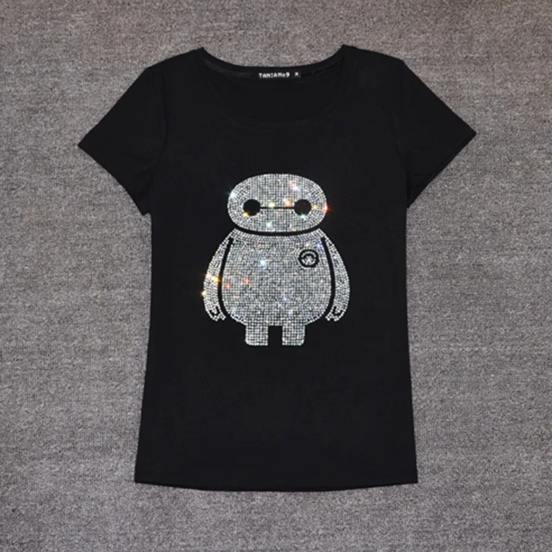 Высокое качество топы для женщин футболки с украшением в виде кристаллов принтом
