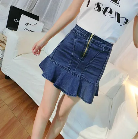 Женская винтажная джинсовая юбка облегающая трапециевидная с оборками модель 2016