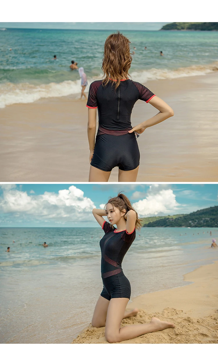 Mesh Patchwork Rash Guard Women Solid Swimwear Short Sleeve Swimsuit Shorts Surfing Suit Black Bathing Suit Korea Diving Clothes