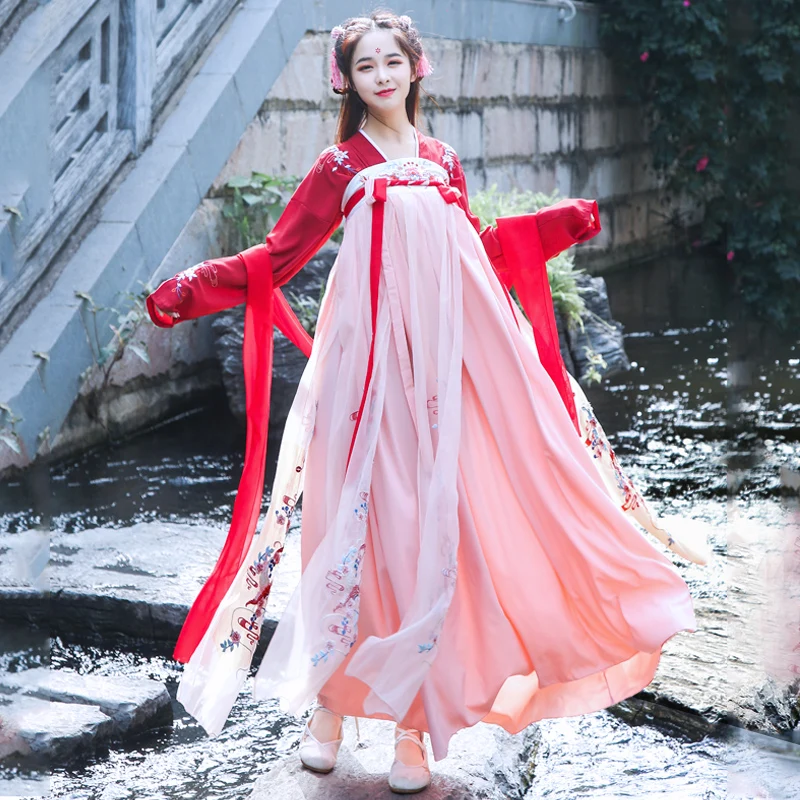 Новинка Hanfu красное платье Женская традиционная китайская юбка с вышивкой