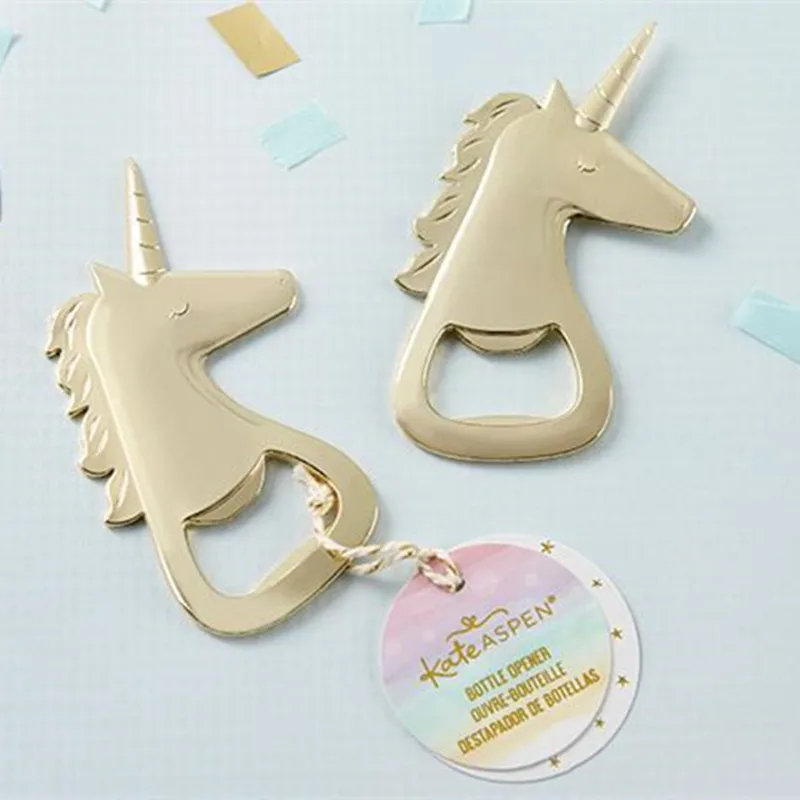 Abrebotellas de Metal con forma de unicornio dorado, suministros para bodas, recuerdos de viaje, 10 unidades