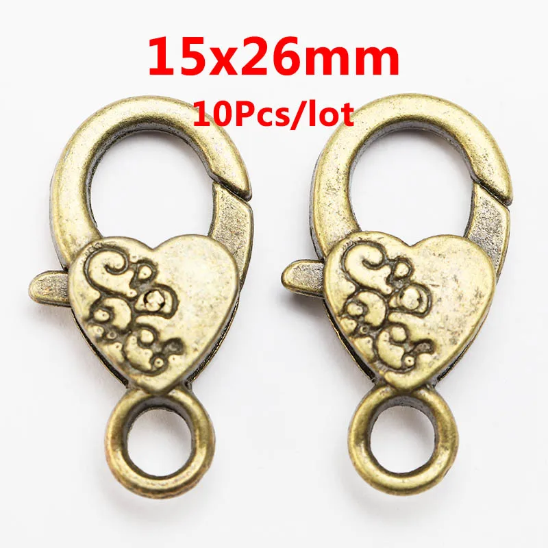 10 шт., антикварные бронзовые Серебряные Крючки с застежкой в виде большого сердца и омаров, аксессуары для рукоделия, изготовления ювелирных изделий, ожерелья, браслетов