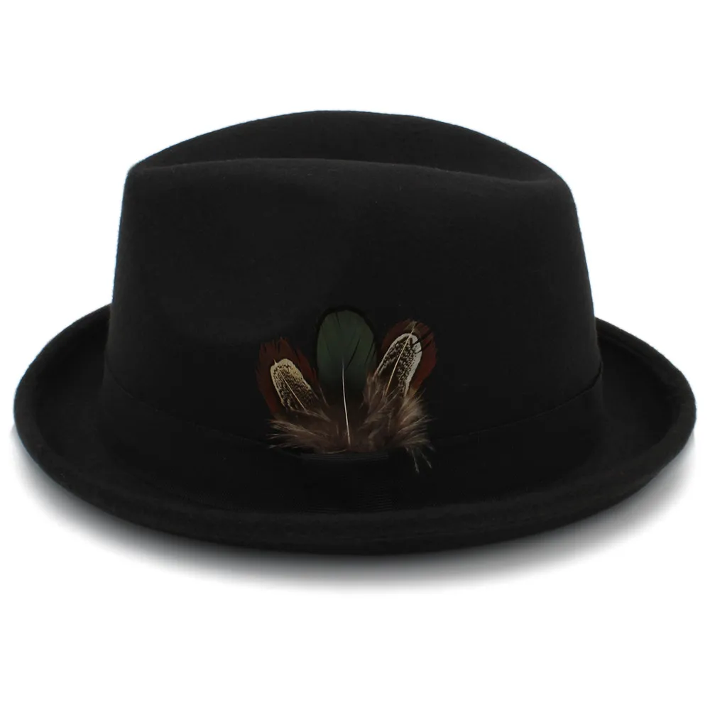 Мужские шерстяные шляпы Fedora для папы, папы, свернутые краями, перо, декоративная шляпка для церкви, Мужская джазовая Кепка Панама, шляпа