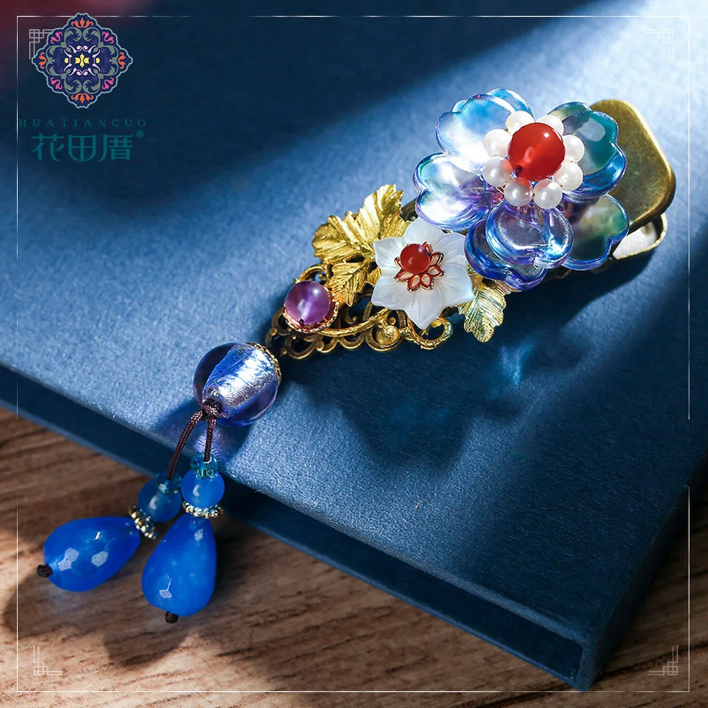Ethnic Lampwork Flower with Pearl Circle Hair Pin for Women Dangle Shell Drop Golden Vine Leaf HairPin HeadPiece FJ-18117 | Украшения и