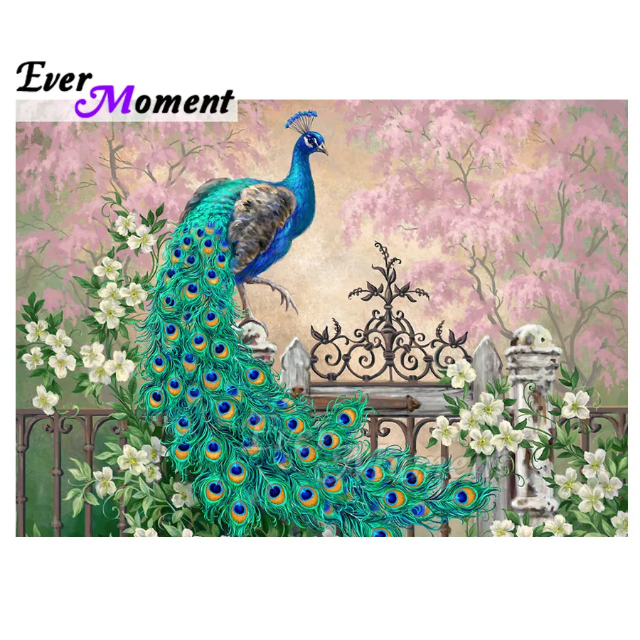 Ever Moment Алмазная картина на стену горный хрусталь павлин цветок забор мозаика