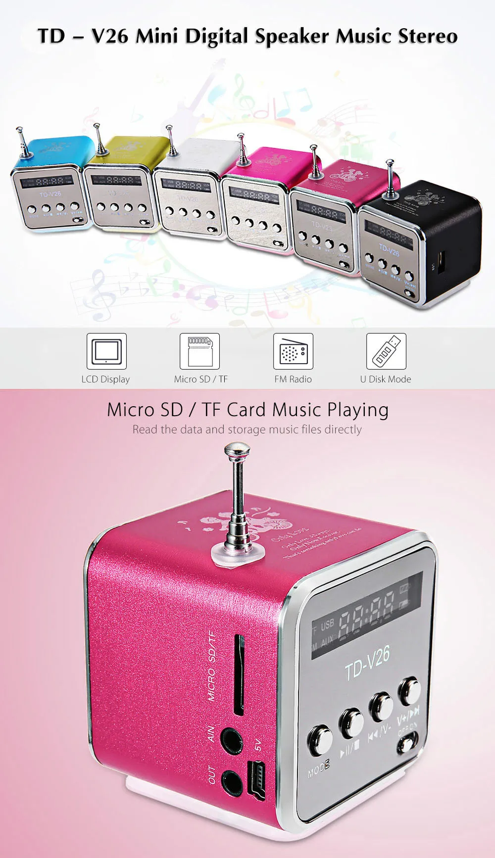TD-V26 радио мини-динамик FM SD USB музыкальный плеер цифровое радио стерео Бас антенна Приемник для телефона портативный MP3/MP4