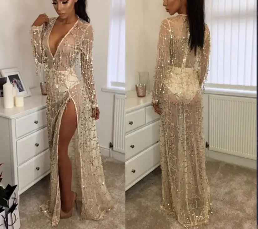 Платье с глубоким v образным вырезом и блестками Новинка лета 2019 прозрачное