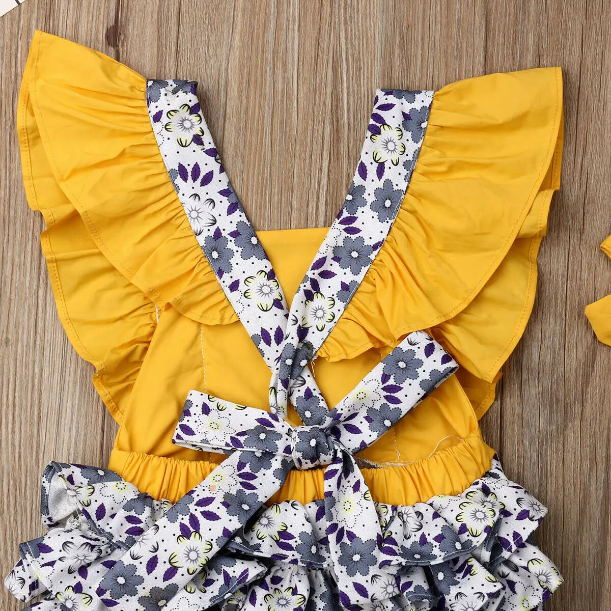 2019 Baby Summer Clothing Newborn Girl Floral Bodysuit Patchwork Jumpsuit+Headband Ruffles Short Sleeve Yellow Outfit Set |
