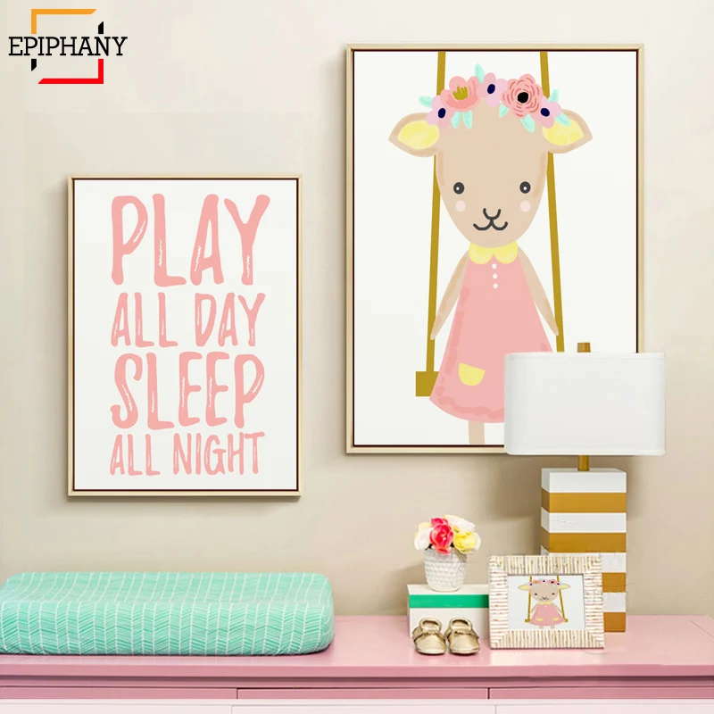 Baby Girl Nursery Wall Art Print Play All Day Sleep Night Quote Anime Poster Canvas Painting Picture Kids Bedroom Decoration|Рисование и
