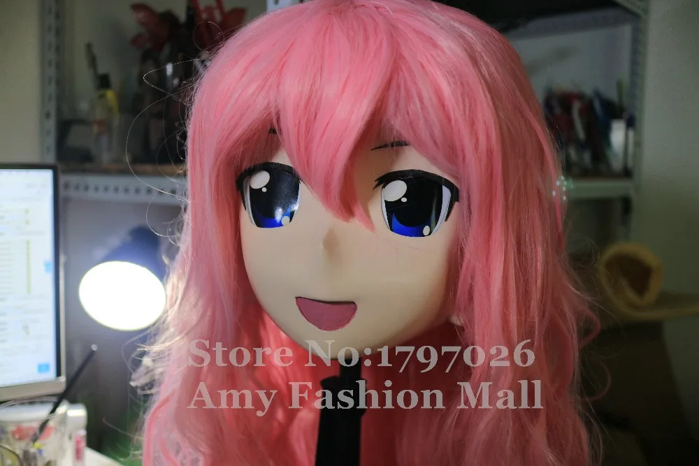

New Arrival Silicone Full Head Kigurumi Masks Cosplay Lovely Pink Curly Hair Crossdresser Kigurumi Mask with Wig