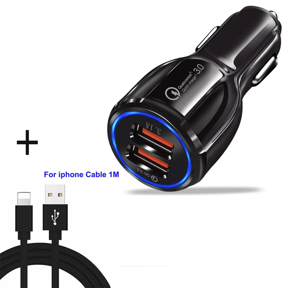 Add iphone cable QC3.0 автомобильное зарядное устройство Quick Charge 3,0 зарядное устройство для мобильного телефона 2 порта USB Быстрая зарядка для iPhone samsung Xiaomi Tablet автомобильное зарядное устройство - Тип штекера: Add iphone cable