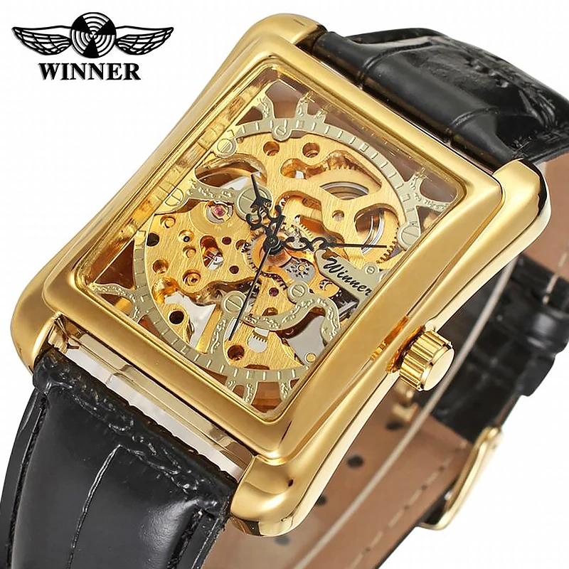 

WINNER Men Hand-wind Mechanical Watches Gentleman Wristwatches Skeleton Leather Strap Golden Rectangle Clock Relogio Masculino