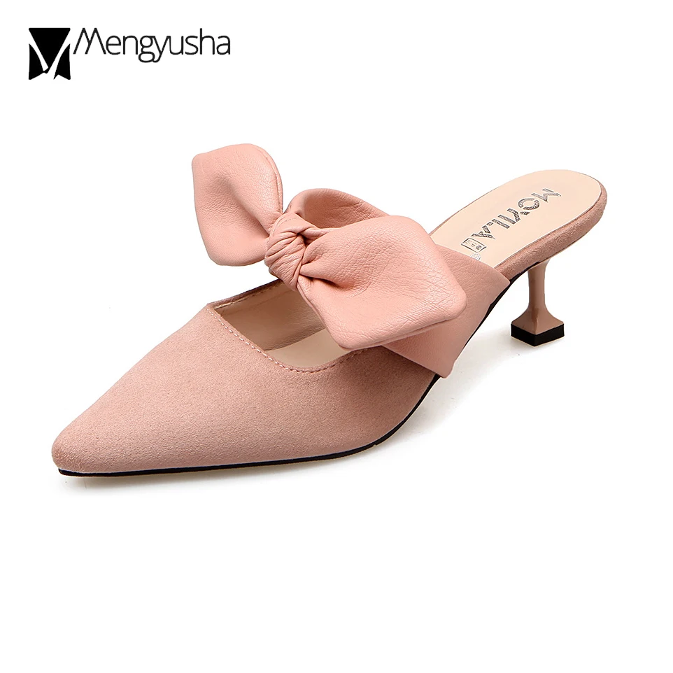 Элегантные женские босоножки с бантом туфли без задника острым носком шлепанцы