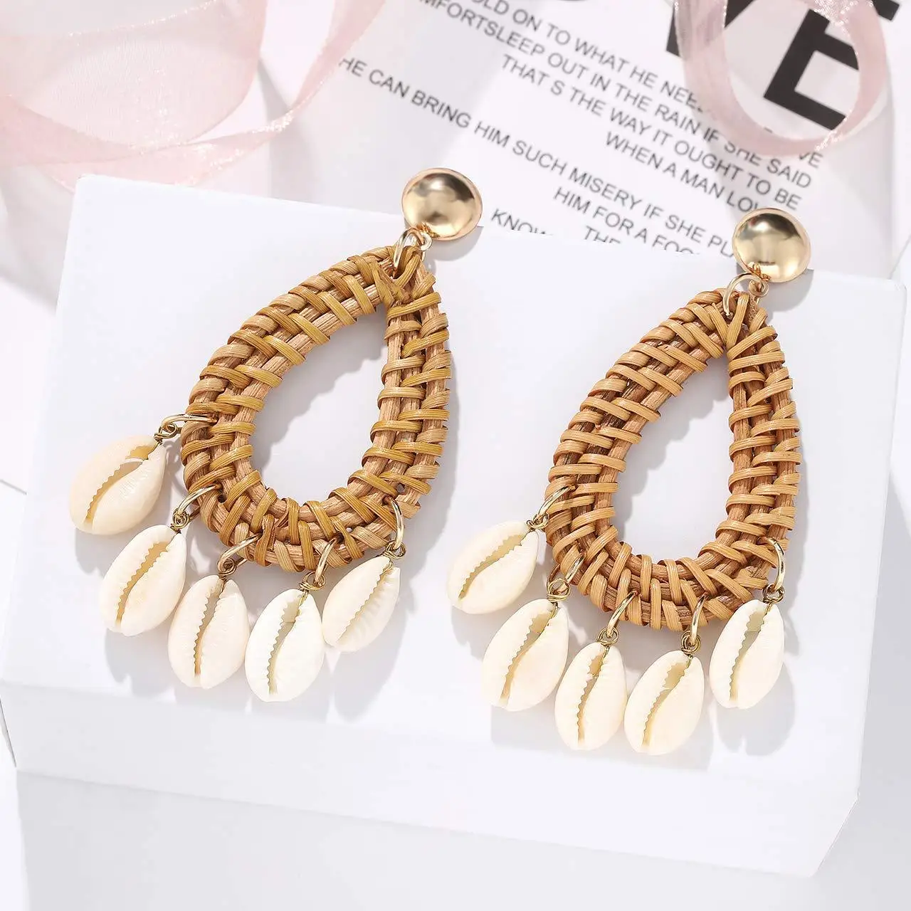 Bohemian Summer Earring Jewelry with Handmade Staw Weave Rattan Knit Sea Ocean Shell for Women Gift | Украшения и аксессуары
