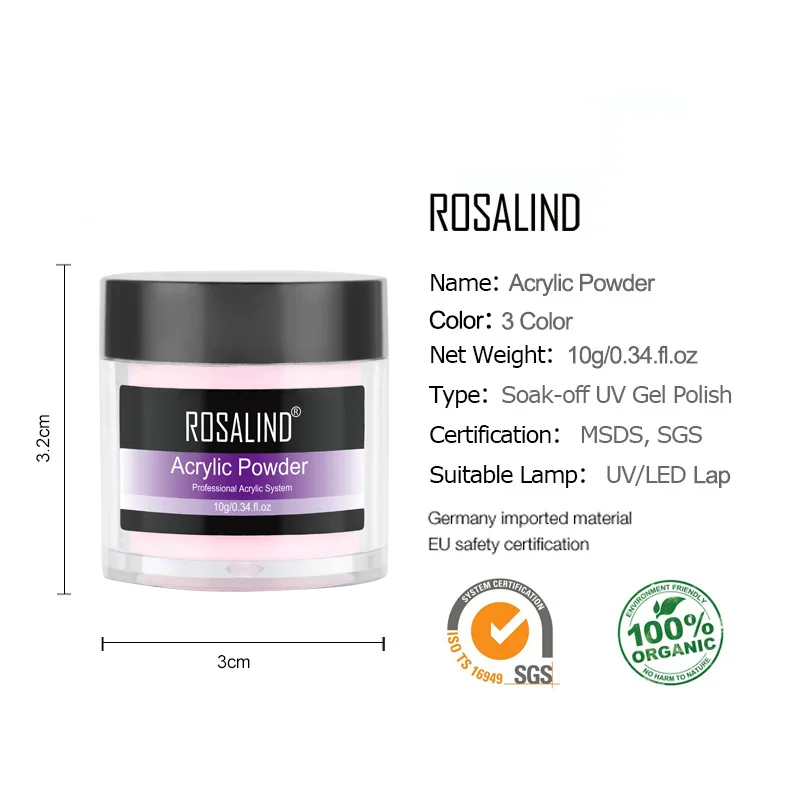 

ROSALIND Crystal Powder Acrylic Nail Art Tips Pink White Clear Nail Manicure Powder 10g 3D Nail Art Extension Builder Polymer
