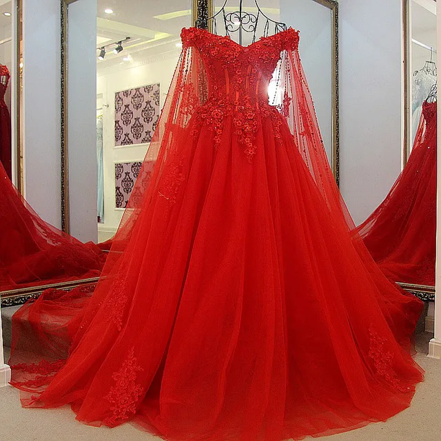 LS54710 Red cheap Wedding Dress Robe Mariage Femme 2018 Tulle v-neck Ball Gown Lace Up Back Princess With Cape | Свадьбы и торжества
