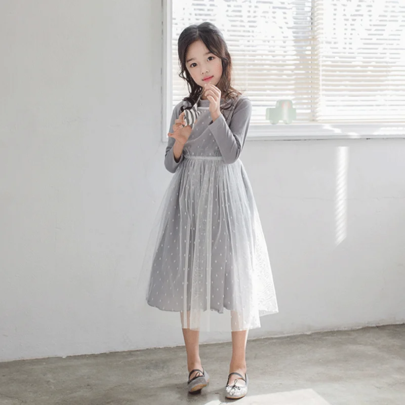 2020 Новое Детское осеннее платье кружевное в белый горошек серое для девочек