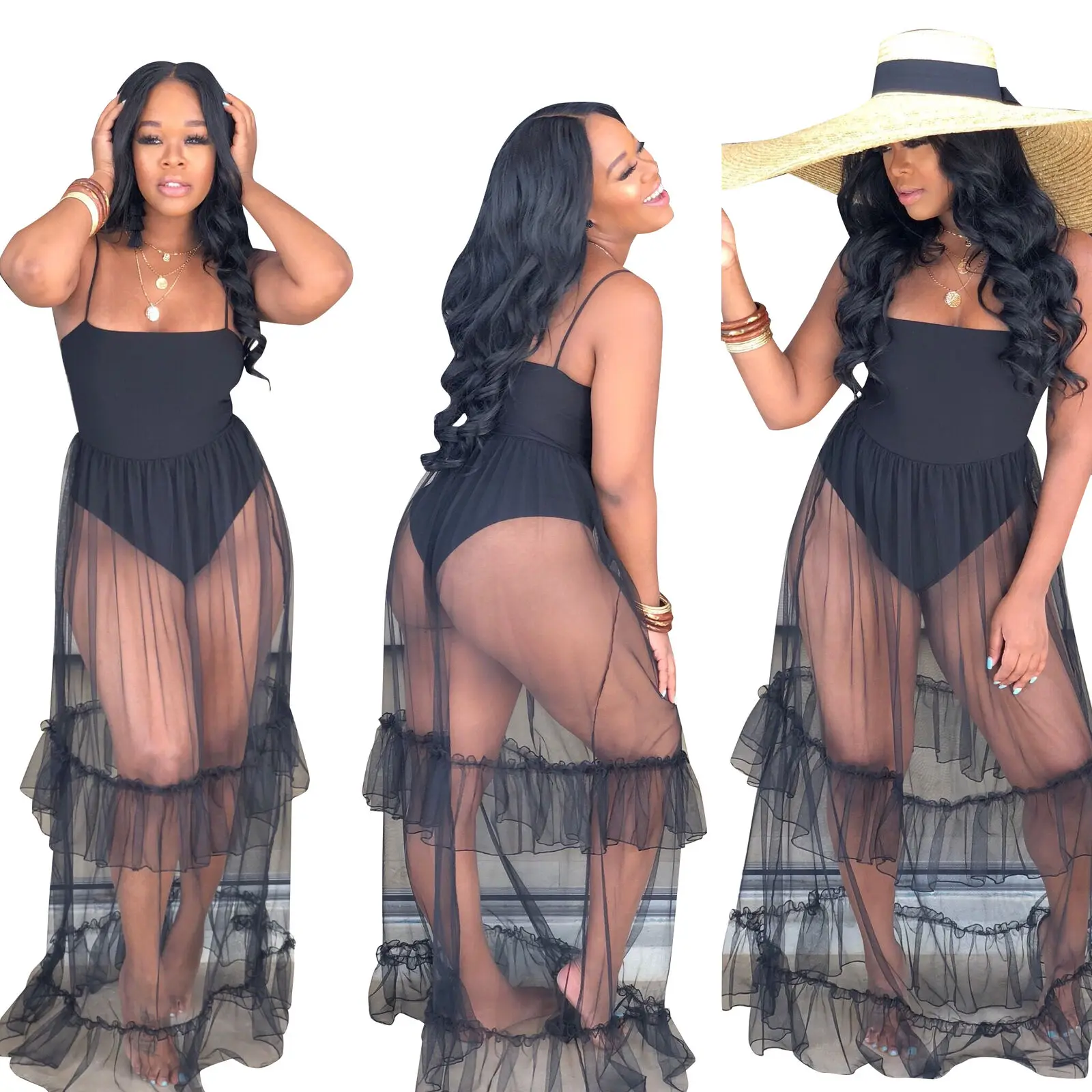 Женское прозрачное вечернее платье повседневное Сетчатое длинное макси из тюля