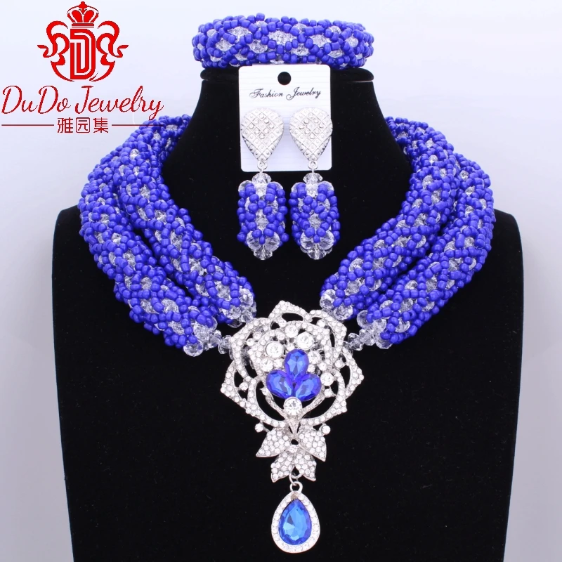 Большой дизайн, Африканский Свадебный набор бижутерии из ногерия, Дубай, королевский синий комплект ожерелья, Рождественская вечеринка, 3 шт., новейшие ювелирные изделия