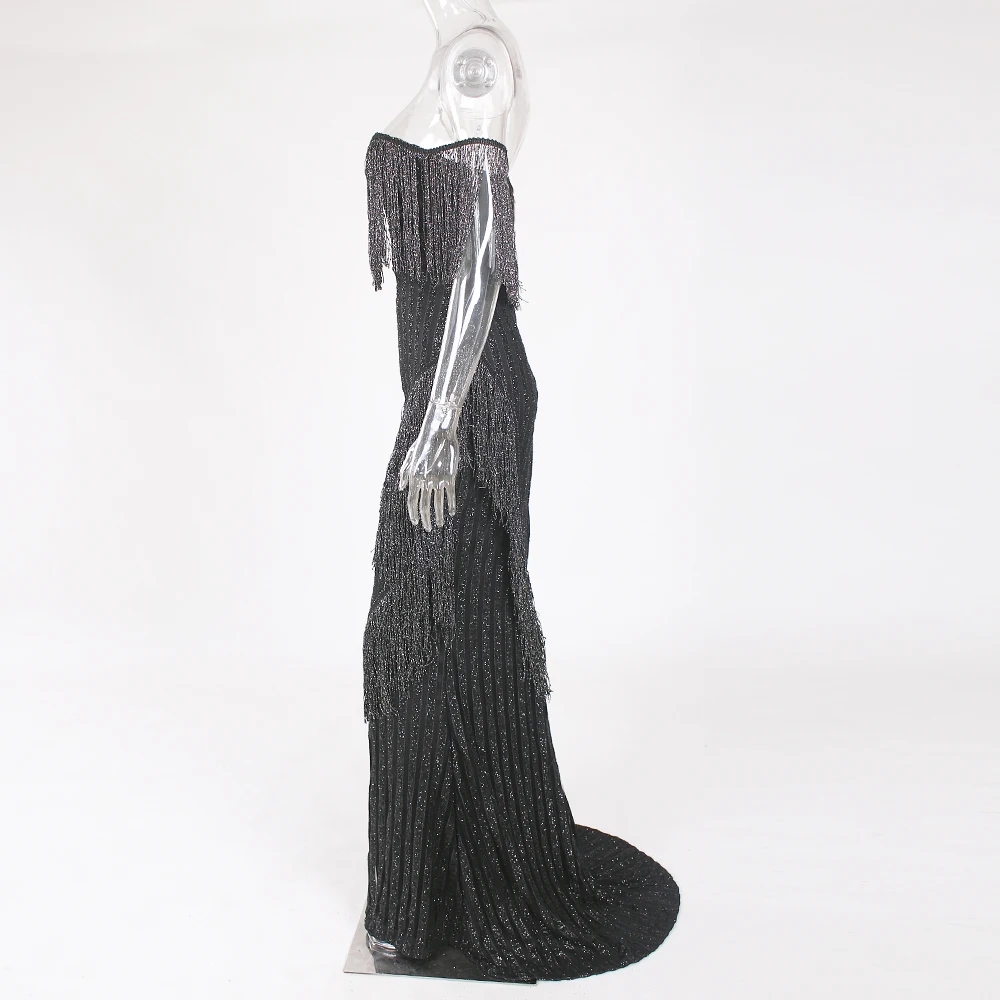 Off The Shoulder Tassels Glittered Maxi Dress Backless V Neck Prom Dress Spanish Style Silver Black Floor Length Dress