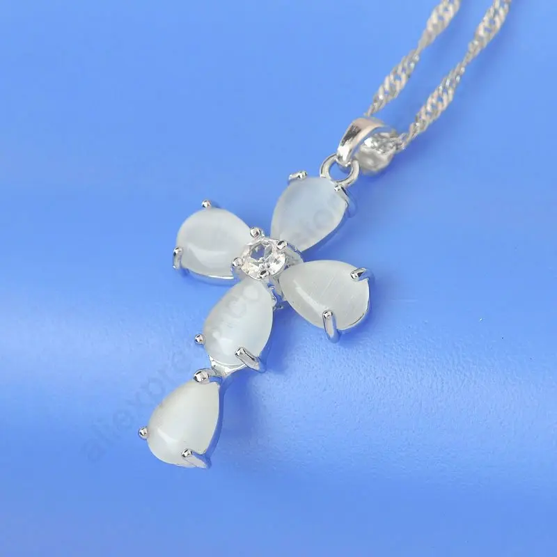 

New Arrival Fashion 925 Sterling Silver Cat Eye Stone Cross Pendant Necklace18inch Silver Jewelry Necklace
