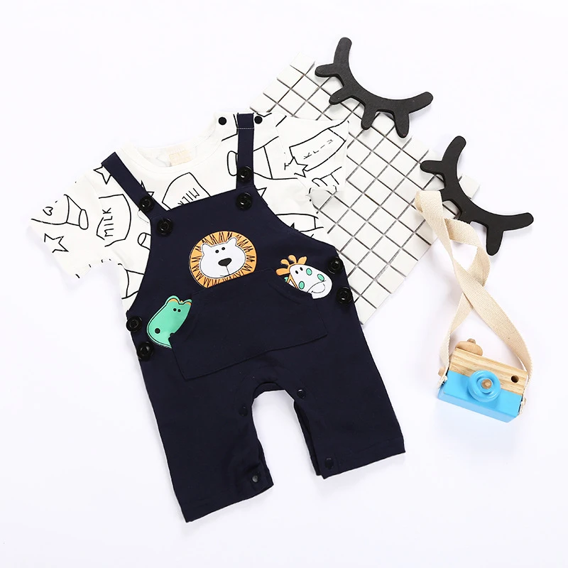 NAET cher 2018 Newborn Baby Boys Clothes Sets Summer Cartoon Clothing Set Bebe Cotton Shirt+Strap Pants Infant Suit |
