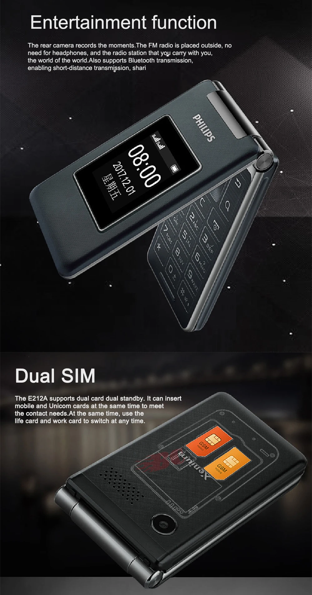 Аккумулятор Philips E212A MTK 2,8 дюйма, 1800 мАч, одна камера, fm-радио, Поддержка карт памяти, две sim-карты, 2G, флип-клавиатура, телефон