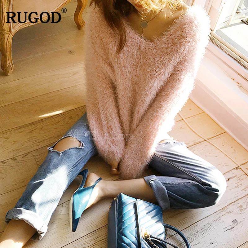 RUGOD 2019 Autumn Winter Loose Sweater Fashion V-Neck Lantern Sleeve Soft Plush Pullover Ladies befree Women harajuku | Женская одежда