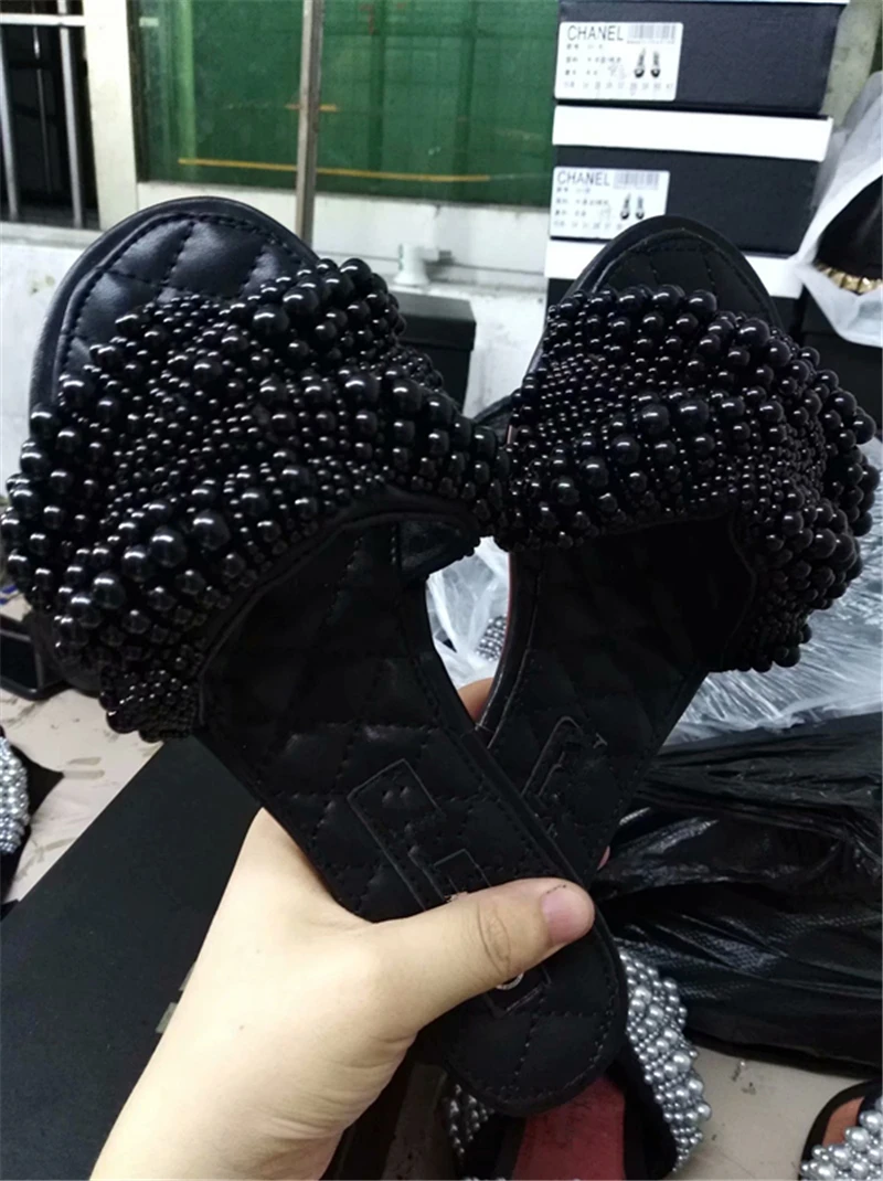 Hanbaidi 2018 Pearl Bead Slipper Woman Peep Toe Handwork Flat Gladiator Sandals Women Fashion Casual Shoes Summer | Обувь