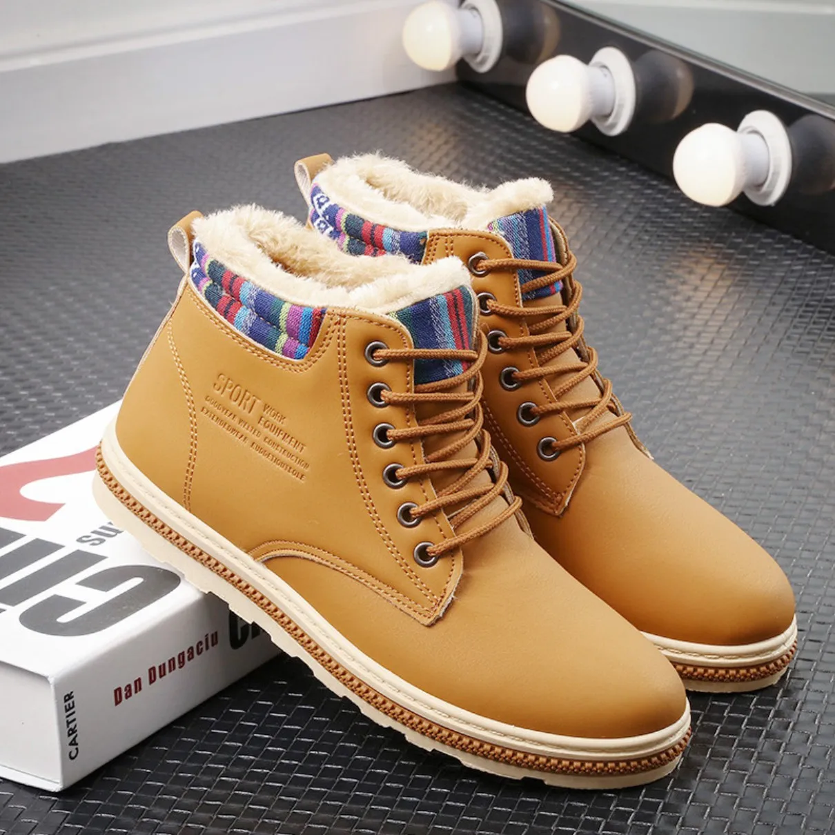 Men's Winter High-top Warm Fashion Casual Cotton Shoes Lace Up Martin Comfortable Anti-slip Light Ankle Boot Size:39-44 | Обувь