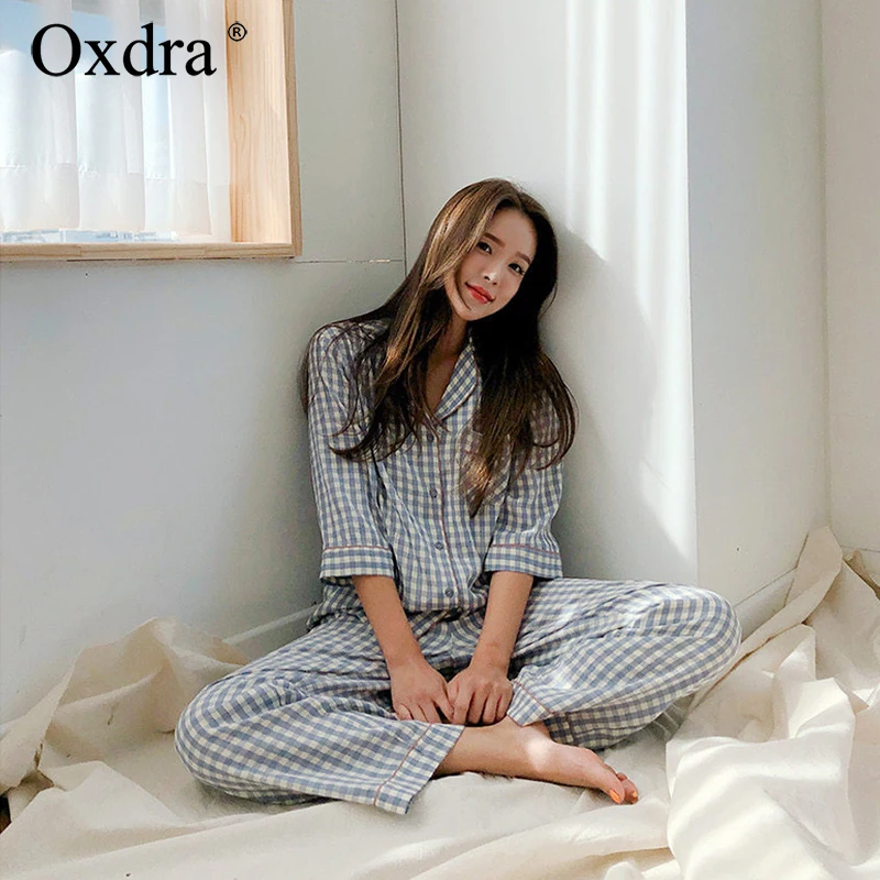 Oxdra/Весенняя Повседневная Домашняя одежда хлопковые Пижамные комплекты в клетку