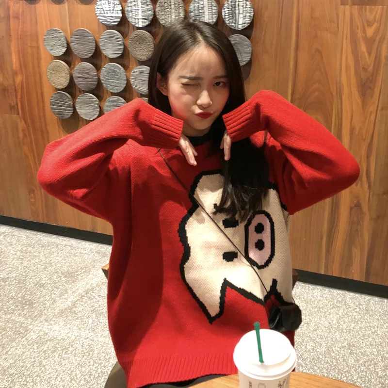 2019 autumn and winter cartoon pig red long-sleeve pullover knitted sweaters womens (C9217) | Женская одежда