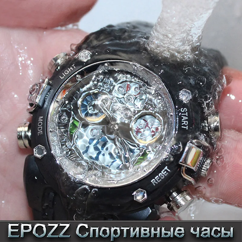 Марка EPOZZ Мужчины Черный Серебристый Цифровой Воды Спорт Аналоговые Часы