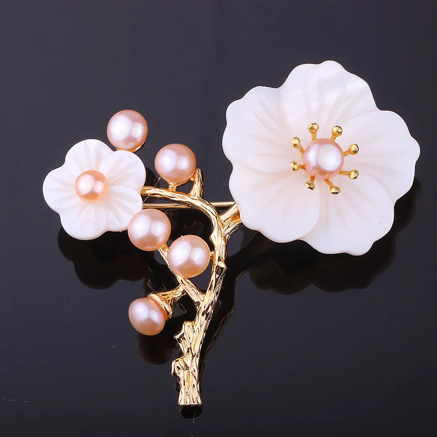 

FARLENA Original Design Handmade Natural Shell Plum blossom Brooches pins for Women Vintage Freshwater Pearl Brooch