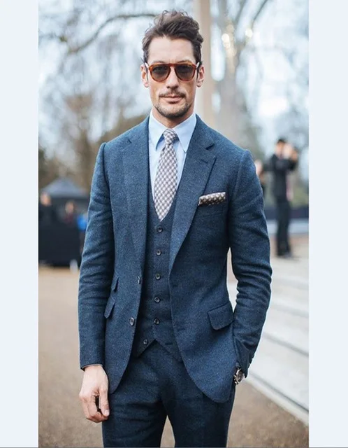 

2018 3 pieces est Man Blazer Groomsmen Notch Lapel Two Buttons Groom Tuxedos Blue Wool Men Suits Wedding B(Jacket+Pants+Vest)
