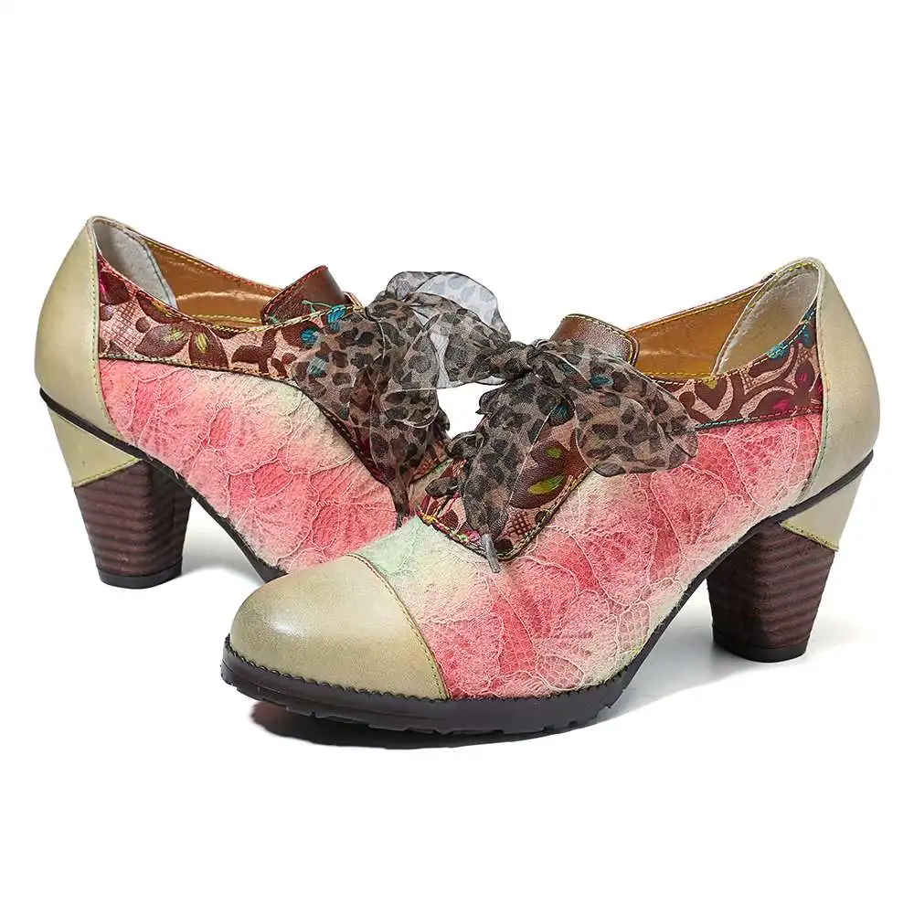 SOCOFY Elegance Genuine Sandals WomenLeather Splicing Lace Retro Pattern Comfortable Lace Up Pumps Elegant Shoes Woman