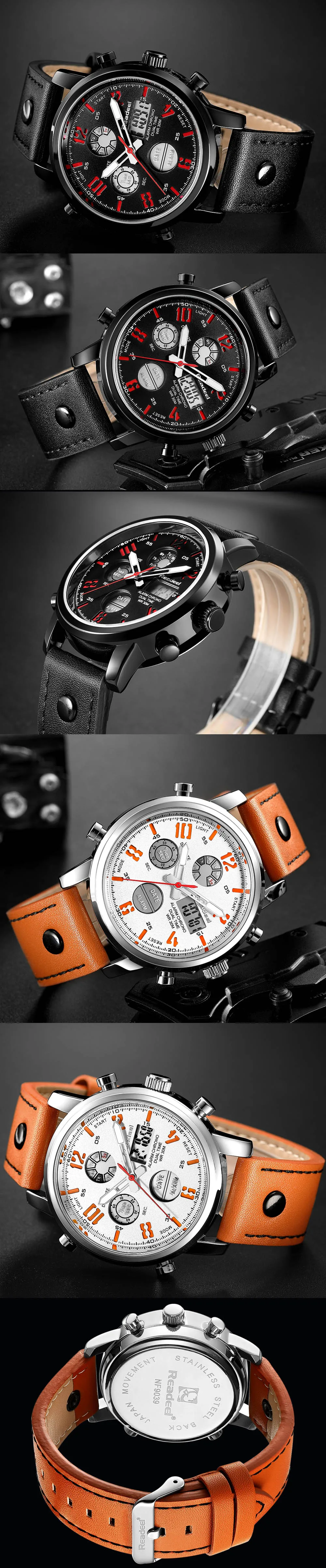 Luxury Brand Quartz Men Sport Watches Dual Display Led Digital Watch Genuine Leather Clock Male Waterproof Man Wristwatches