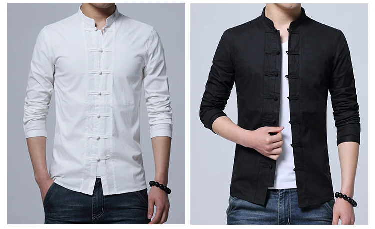 Льняные рубашки Для мужчин Slim Fit китайский льняная рубашка воротник-стойка Повседневное с длинными рукавами китайский кнопку рубашки мужская обувь 3 цветов