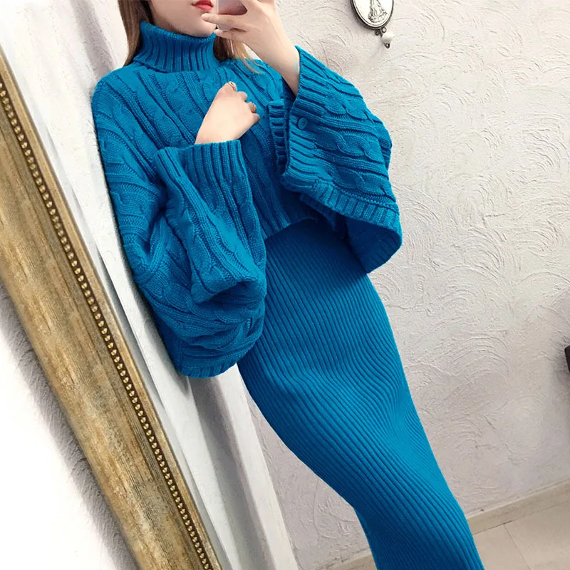 2 Piece sets Women Dress Blue Cloak Knitted Turtlenek Loose Crop + Vest Long Split Bodycon Pencil dress Suits
