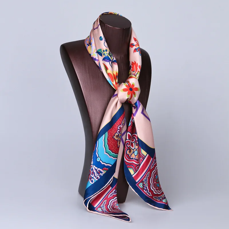 HA759 100% Mulbery Silk Satin Scarf Women 90cm Large Square Scarves Chinese National Floral Print Summer Sunscreen Wraps Foulard |
