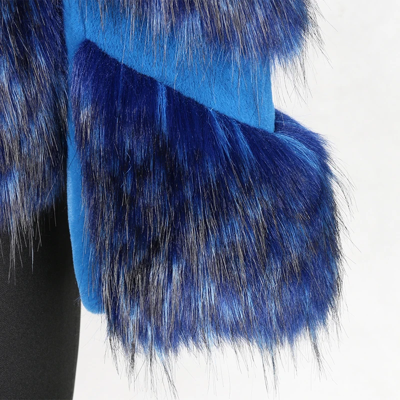 Nerazzurri Winter fox fur and rex rabbit fur color block patchwork fake fur jacket blue short warm big size faux fur coat women